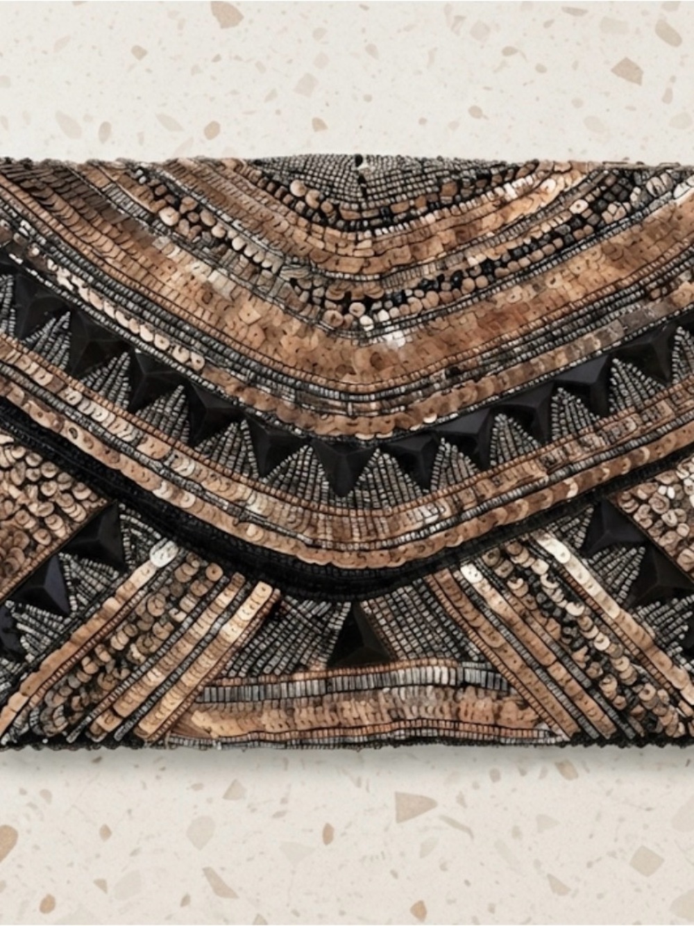Beaded Black and Tan Envelope Clutch